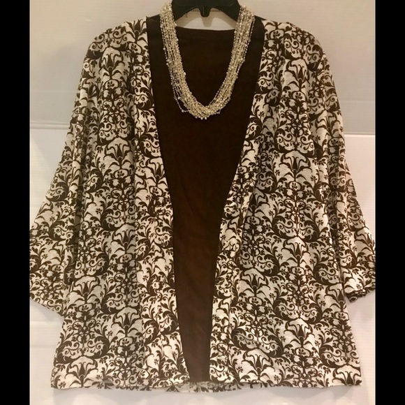 Kim Rogers Brown / White Print Cardigan Open front jacket Women’s size XL - Picture 1 of 8